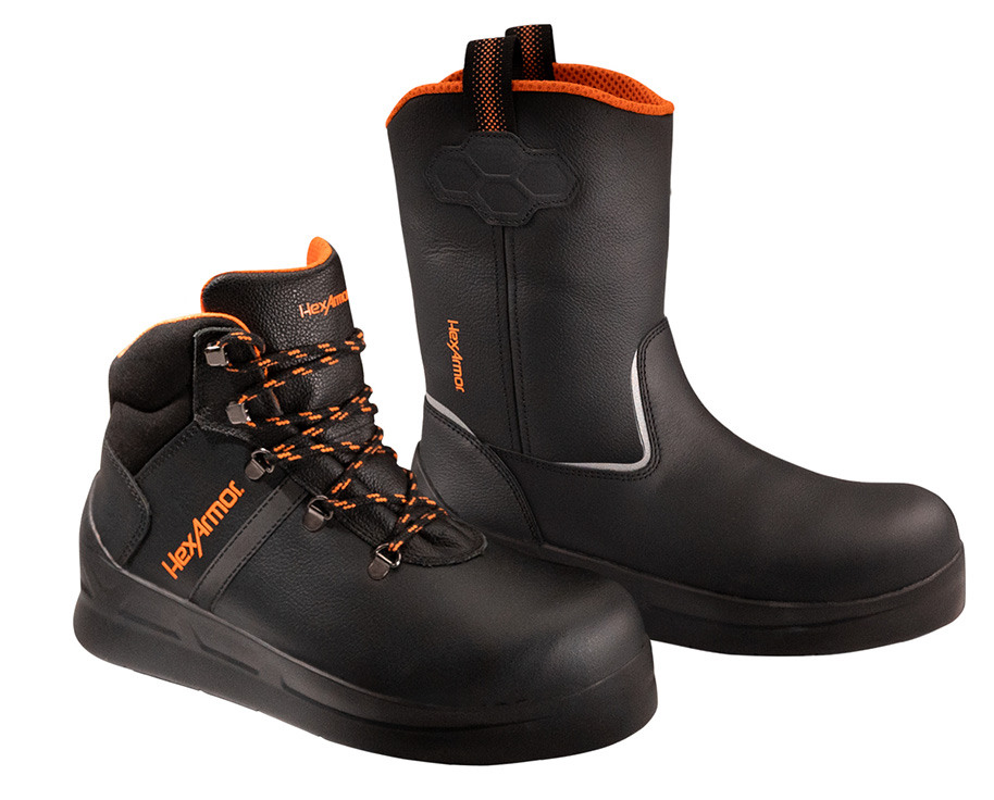 HexArmor’s asphalt-specific construction work boot shown at an angle, highlighting robust features.