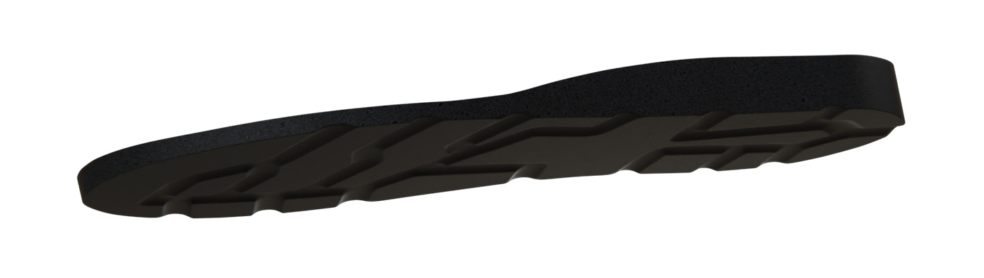 Visual of just the black anti-fatigue PU layer with added air channels in the heel for shock and vibration absorption.