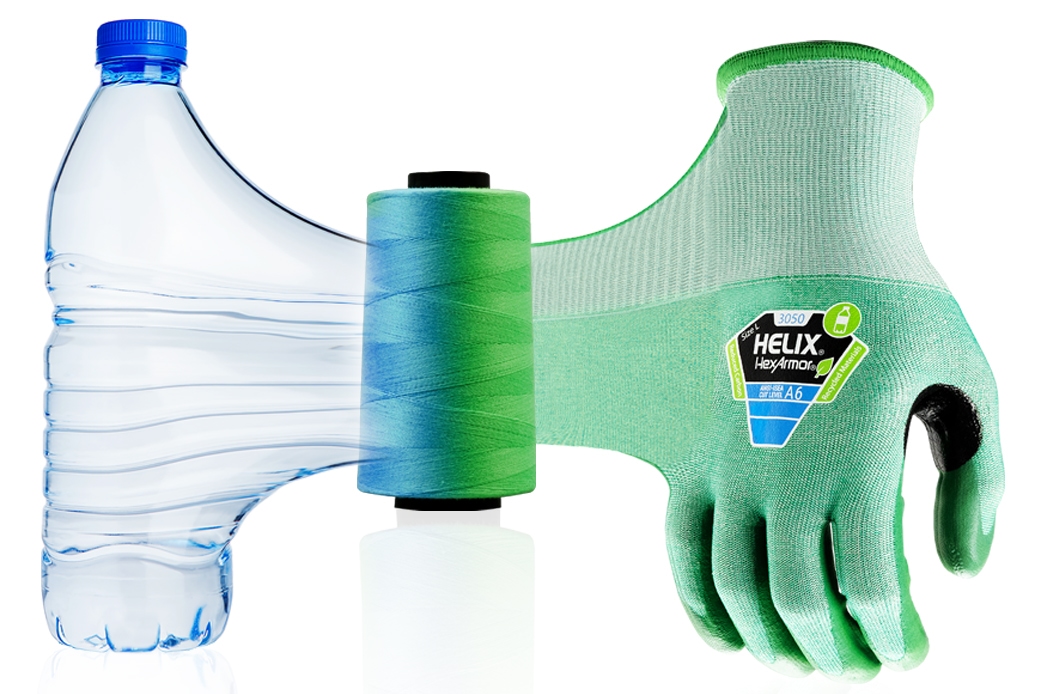 Plastic water bottle and Helix 3050 stretching together to show eco-friendly construction.