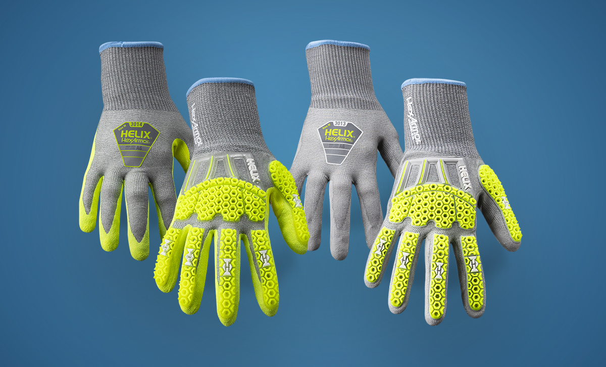 Four eco-friendly Helix knit gloves featuring recycled materials, unique palm coatings, and all-new impact-resistance technology exclusive to HexArmor.