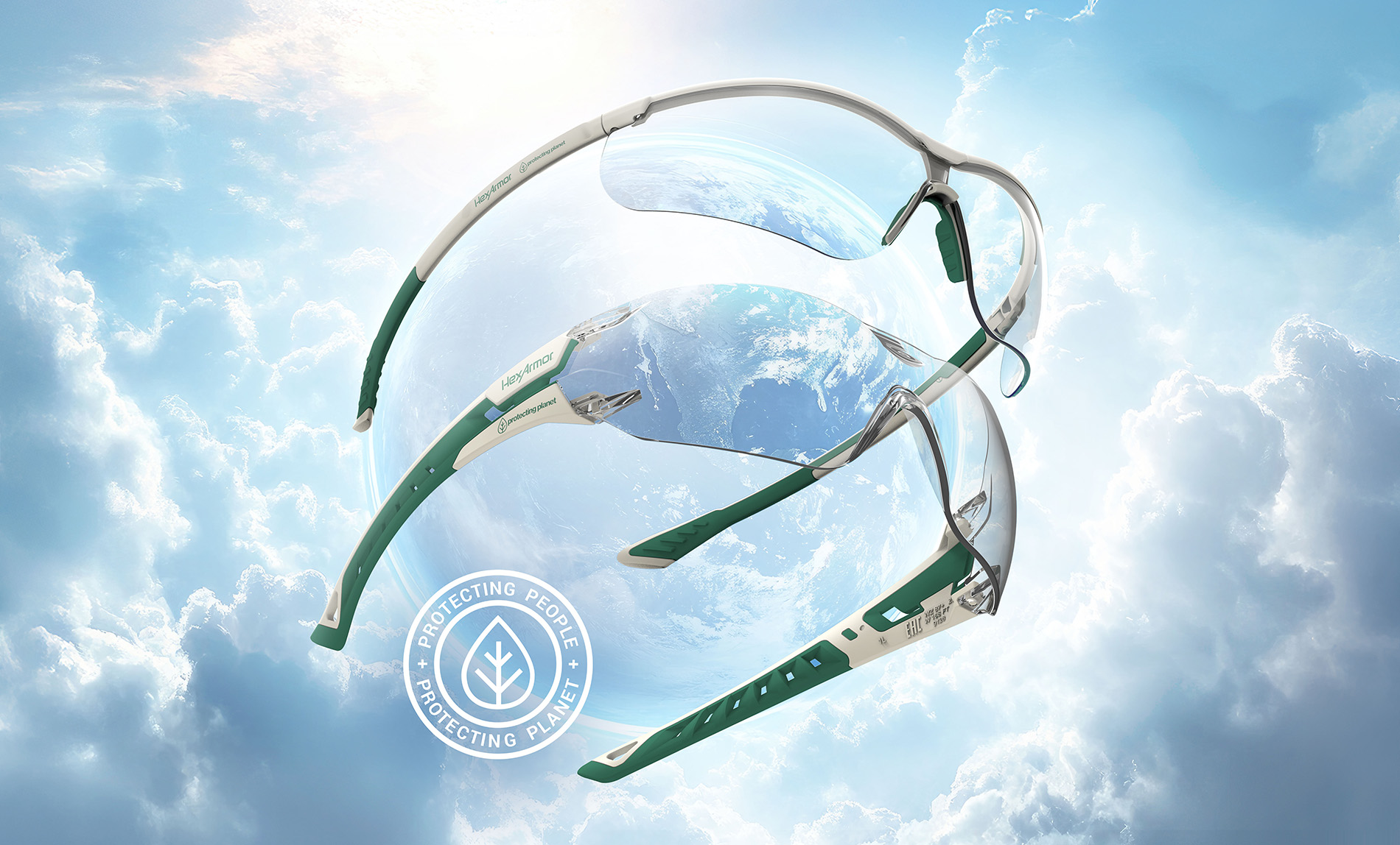 HexArmor's Planet Series Eyewear floating in clouds with a sustainability logo, showing the environmentally friendly design.