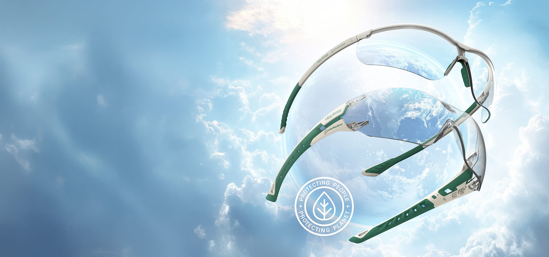 HexArmor's Planet Series Eyewear floating in clouds with a sustainability logo, showing the environmentally friendly design.