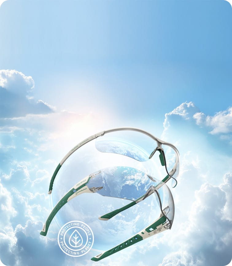 HexArmor's Planet Series Eyewear floating in clouds with a sustainability logo, showing the environmentally friendly design.