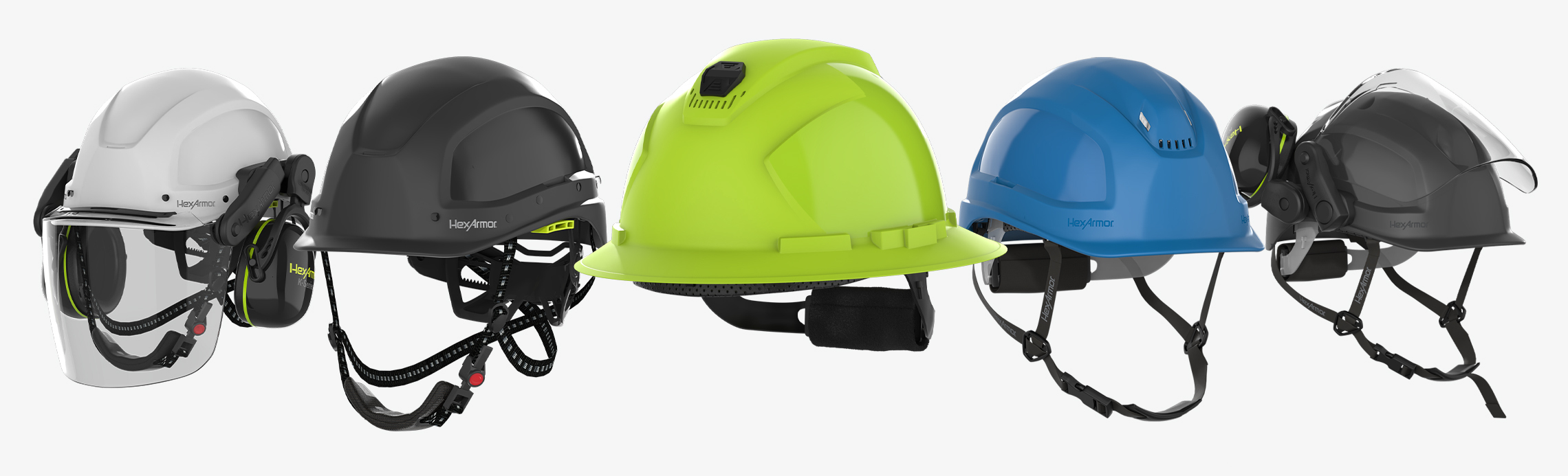 Five HexArmor Ceros safety helmets lined up according to their style, including cap-style, climbing-style, and full brim. Some are complete with accessories.